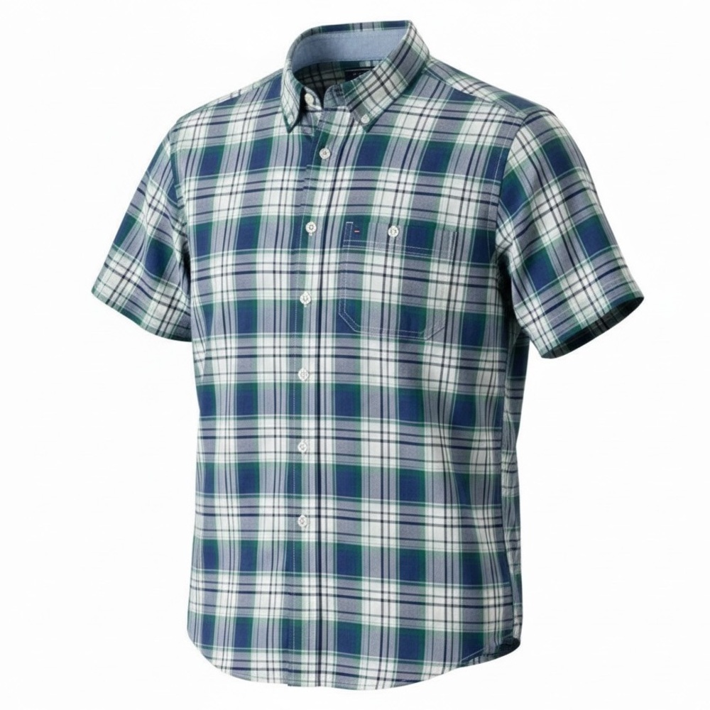 Tommy Hilfiger Mens Short Sleeve Button Down Shirt Cotton Blue Green Plaid Small - Picture 2 of 16
